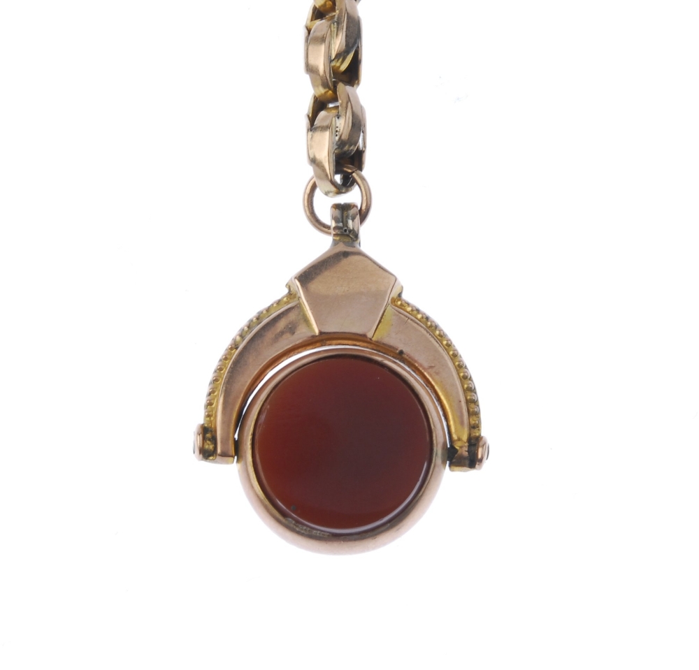 A late 19th century 9ct gold Albert and hardstone swivel fob. The fancy-link Albert chain, - Image 3 of 4