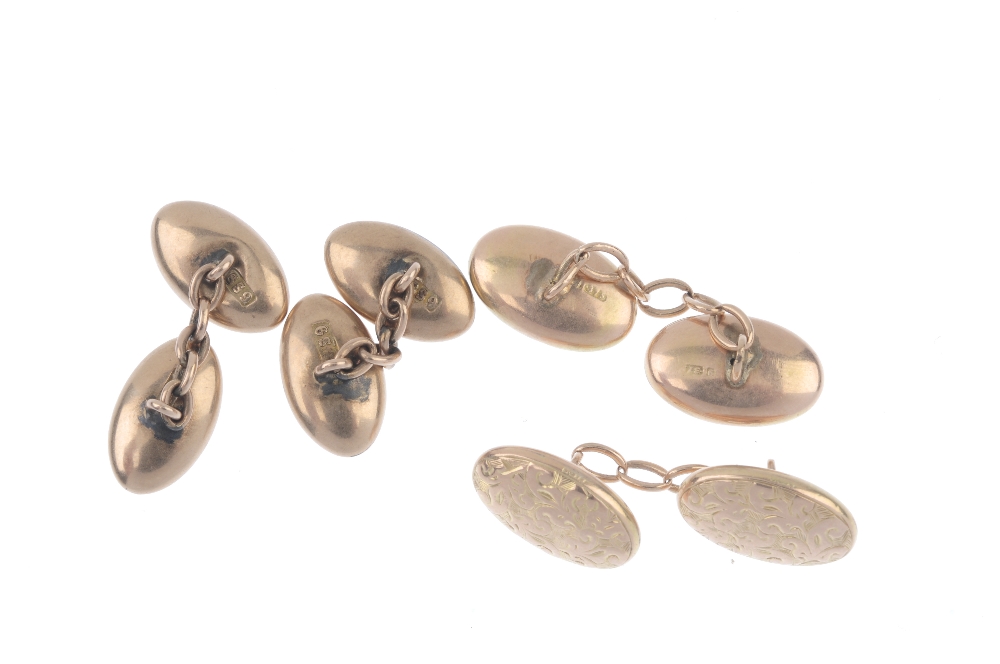 Two pairs of early 20th century 9ct gold cufflinks. Each pair designed as scrolling foliate embossed - Image 2 of 2