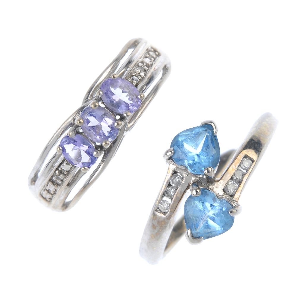 A selection of four diamond and gem-set rings. To include a 9ct gold oval-shape amethyst three-stone