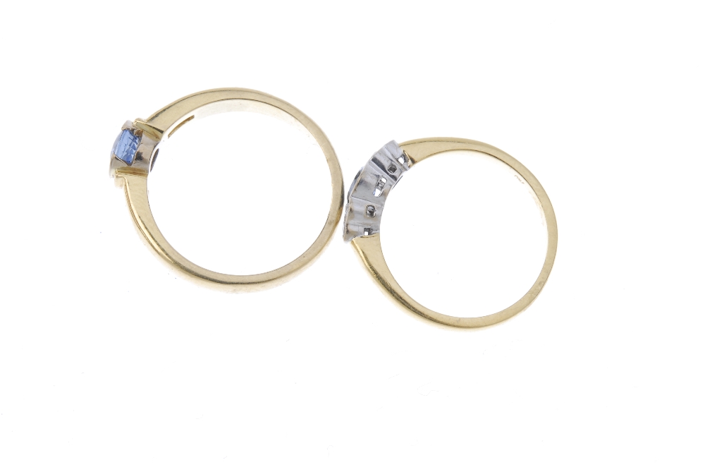 Two 18ct gold sapphire and diamond rings. To include a circular-shape sapphire and single-cut - Image 3 of 4