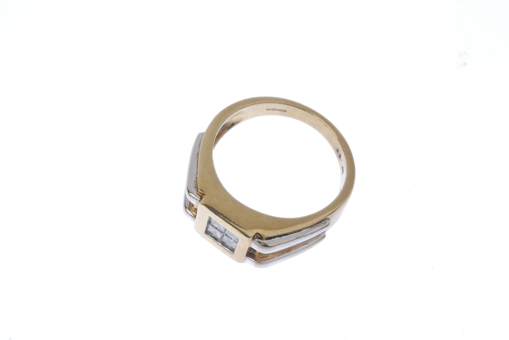 A gentleman's 9ct gold diamond ring. The square-shape diamond four-stone panel, to the bi-colour - Image 2 of 4