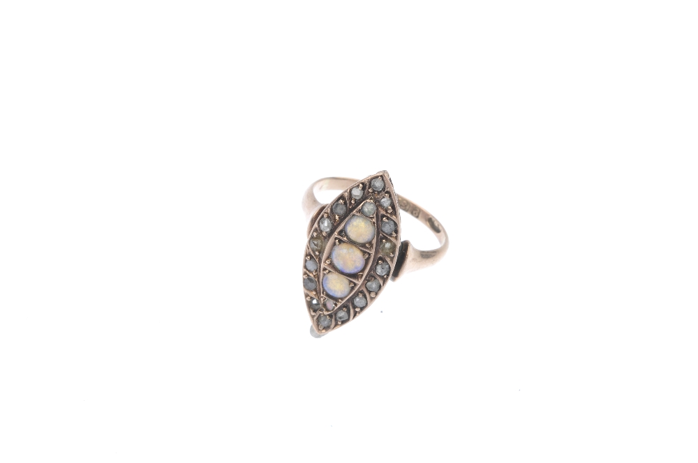 A late Victorian 9ct gold opal and diamond dress ring. Of marquise-shape outline, the graduated - Image 2 of 4