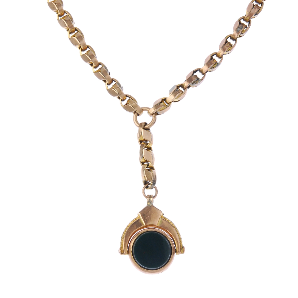 A late 19th century 9ct gold Albert and hardstone swivel fob. The fancy-link Albert chain,