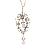 An early 20th century 9ct gold opal and split pearl pendant. The oval-opal cabochon drops, within
