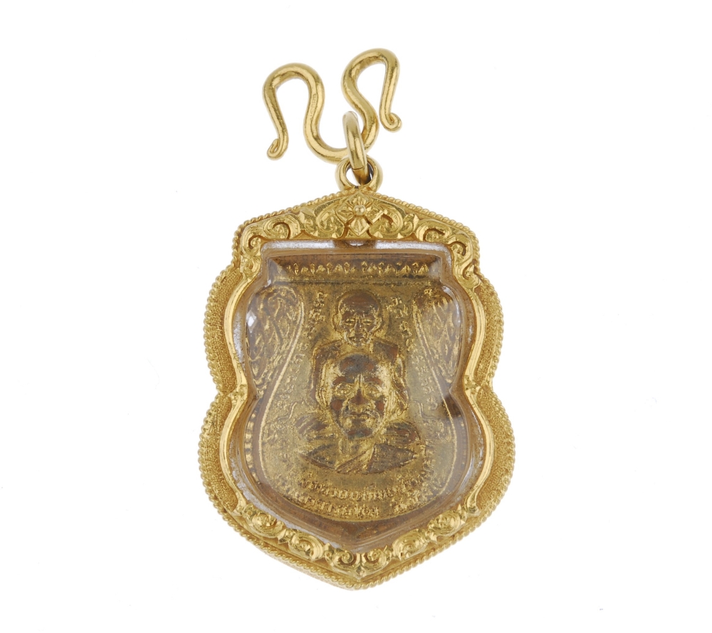 (541623-1-A) Two pendants and a necklace. Each pendant designed as a miniature idol, enclosed within - Image 3 of 5