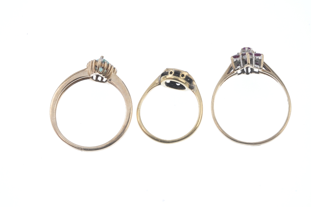 A selection of three diamond and gem-set rings. To include an emerald and diamond cluster ring, a - Image 4 of 4