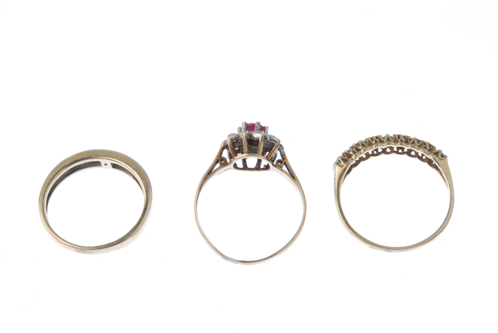 A selection of three 9ct gold diamond and gem-set rings. To include a ruby and diamond cluster ring, - Image 3 of 3