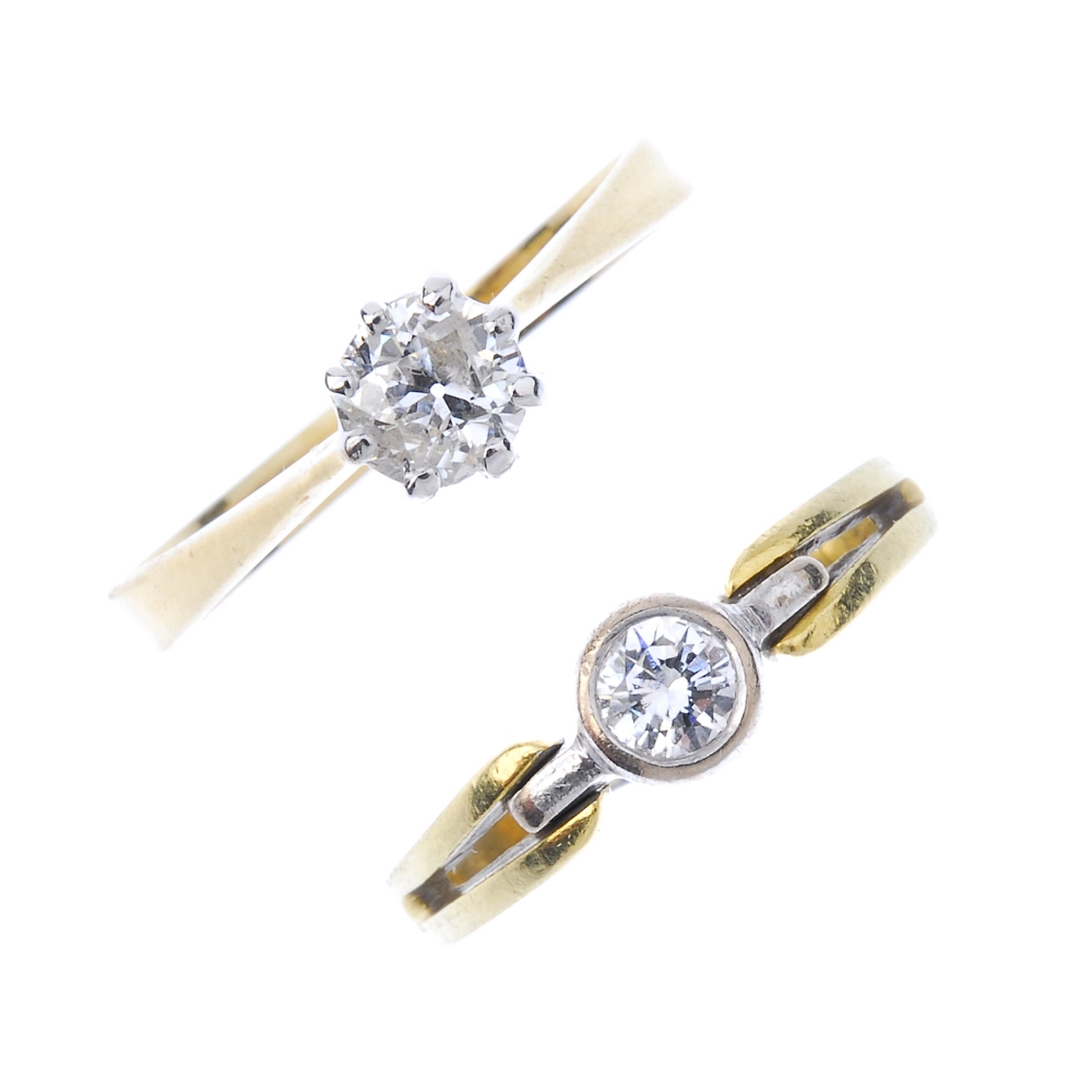 Two diamond single-stone rings. To include an 18ct gold old-cut diamond single-stone ring and a