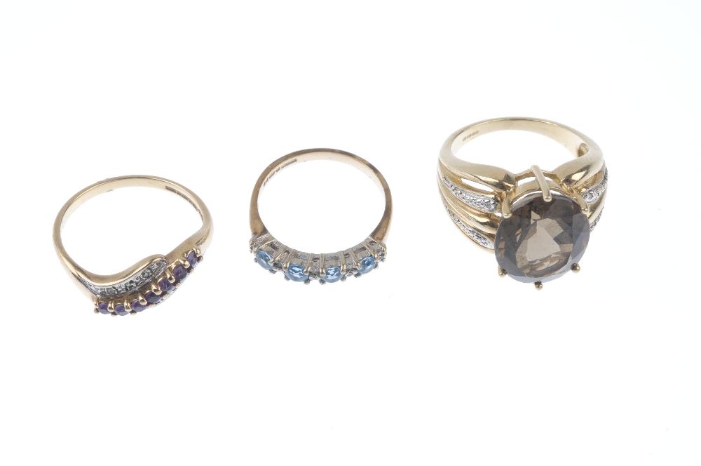 A selection of three 9ct gold diamond and gem-set dress rings. To include a smoky quartz single- - Image 2 of 4