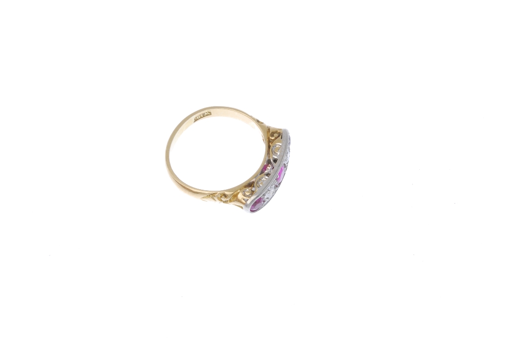 A mid 20th century 18ct gold synthetic ruby and diamond five-stone ring. The circular-shape - Image 3 of 4