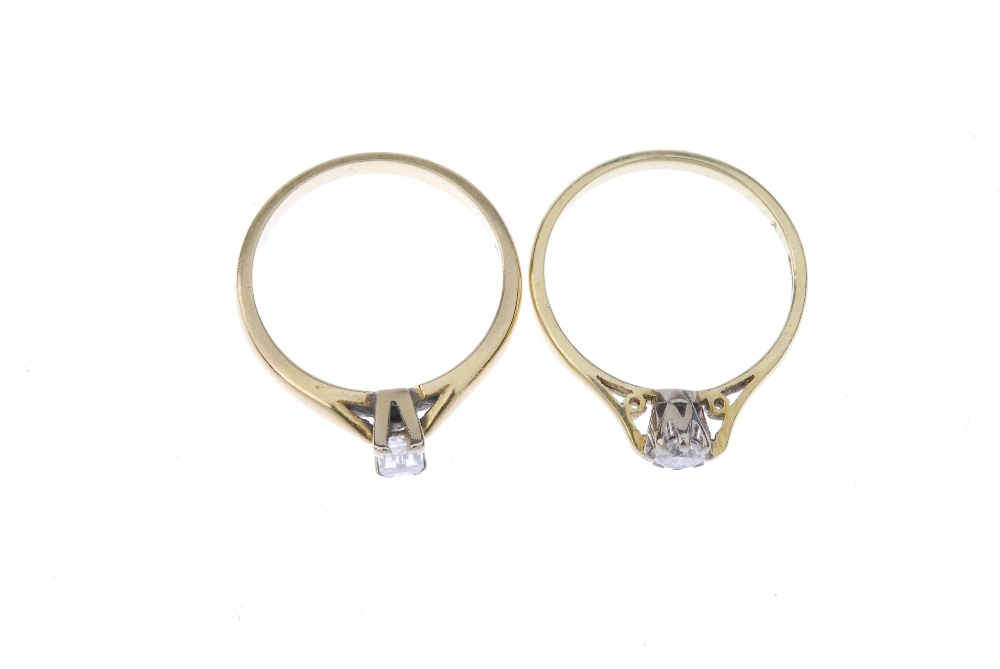 Two 18ct gold diamond rings. Each designed as a brilliant-cut diamond and rectangular-shape diamond, - Image 2 of 3