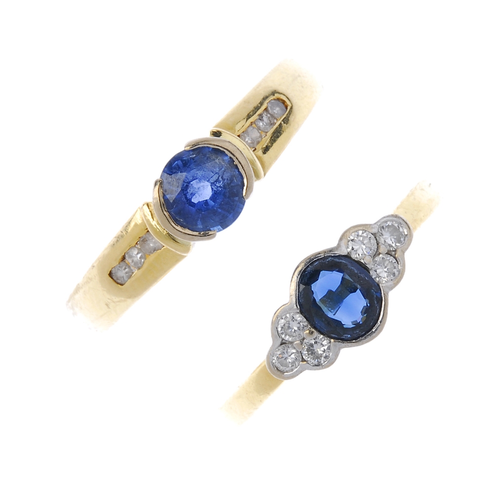 Two 18ct gold sapphire and diamond rings. To include a circular-shape sapphire and single-cut