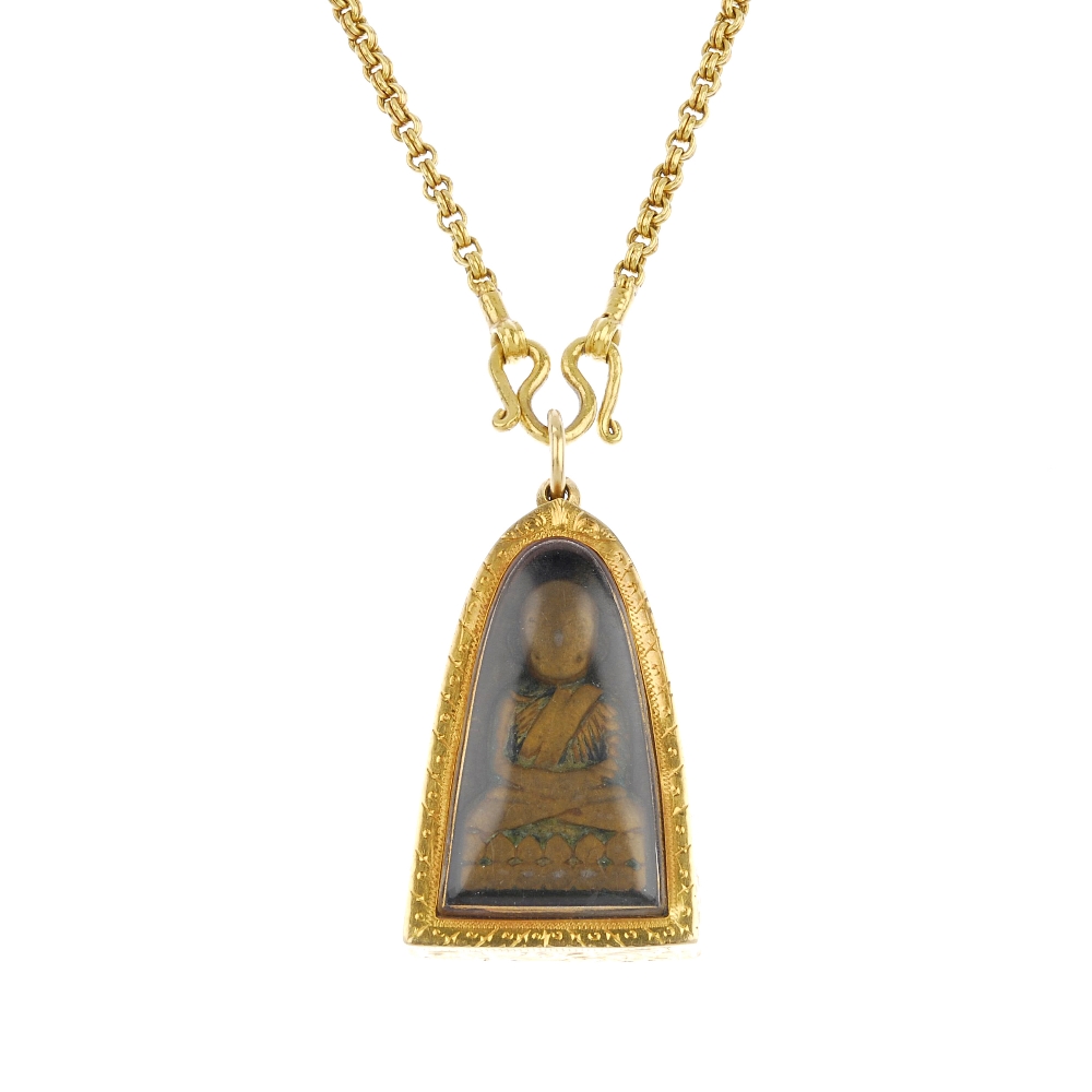 (540443-2-A) Two pendants and necklaces. Each designed as a religious figure, encased within a