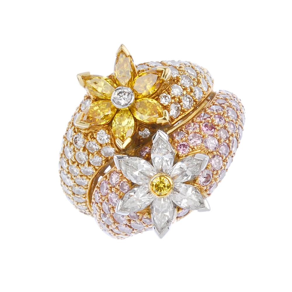 (542274-2-A) A diamond and coloured diamond floral dress ring. The pave-set 'pink' and near-