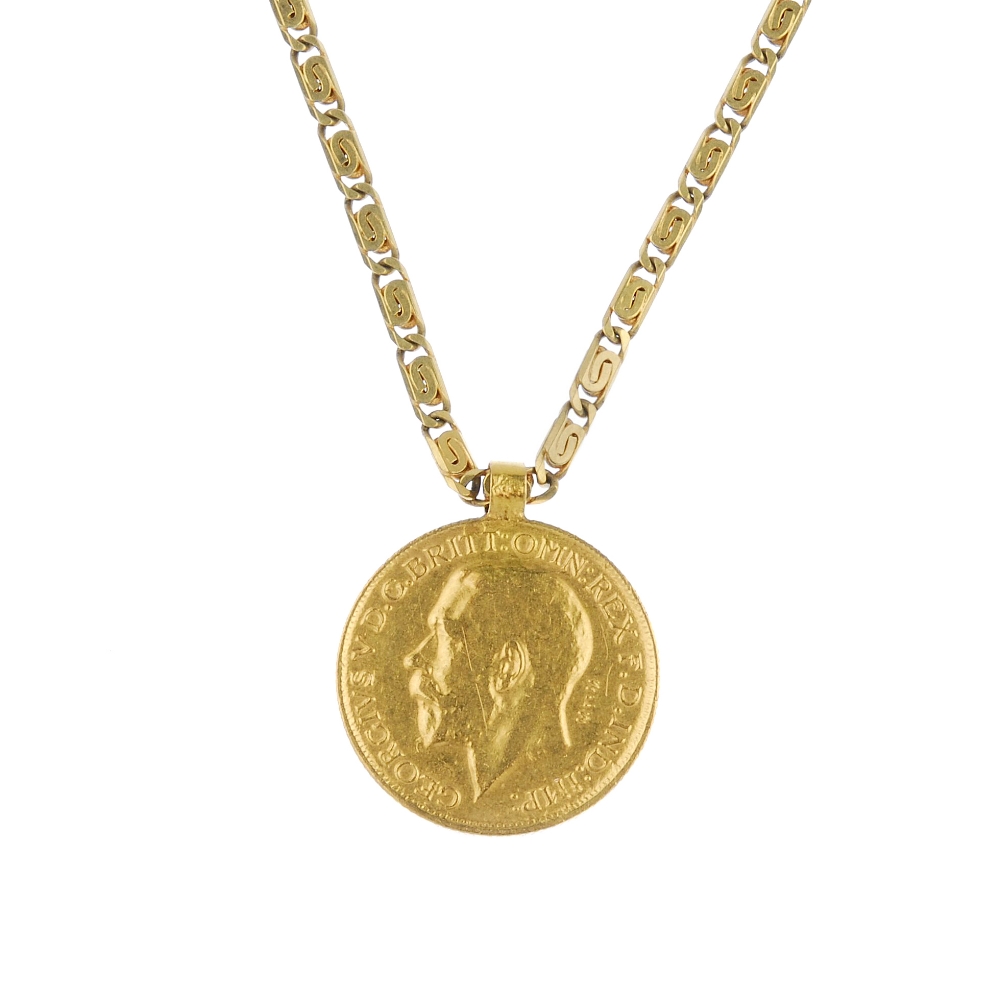 (539760-2-A) A selection of jewellery. To include a sovereign pendant, two necklaces and a pair of