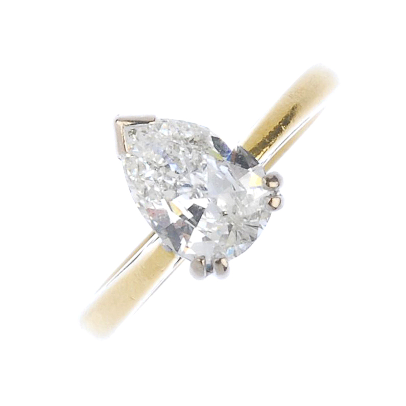 (546230-2-A) An 18ct gold diamond single-stone ring. The pear-shape diamond, to the bi-colour