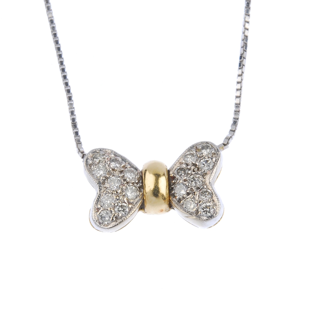 (176761) A diamond pendant. Designed as a pave-set diamond butterfly, to the fine box-link chain