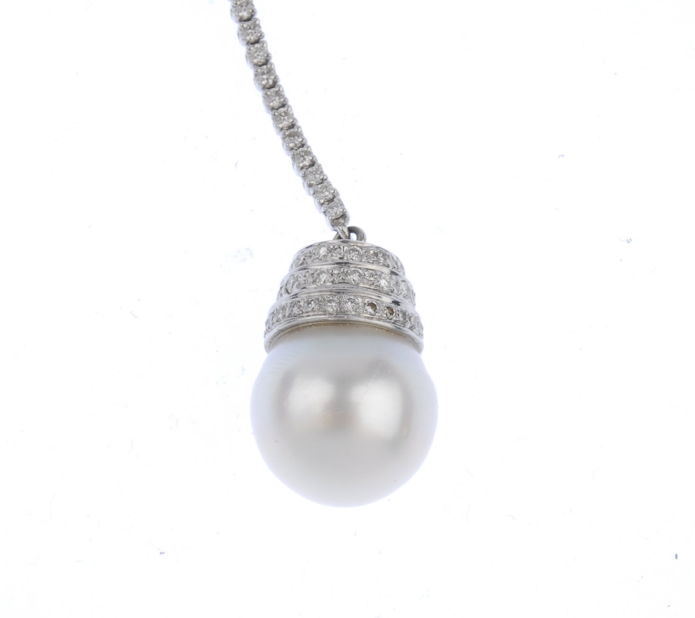 (539860-3-A) A pair of cultured pearl and diamond ear pendants. Each designed as a cultured pearl, - Image 3 of 3