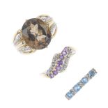 A selection of three 9ct gold diamond and gem-set dress rings. To include a smoky quartz single-