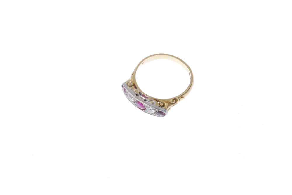 A mid 20th century 18ct gold synthetic ruby and diamond five-stone ring. The circular-shape - Image 2 of 4
