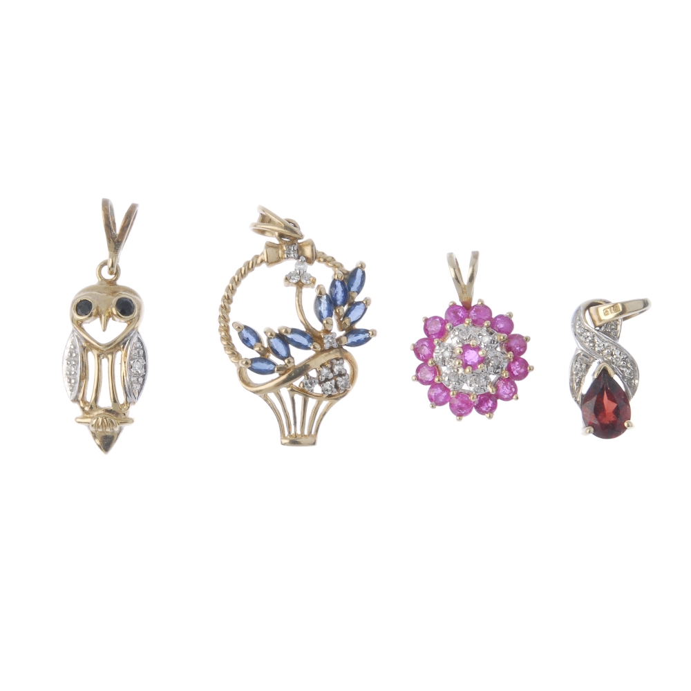 A selection of nine diamond and gem-set pendants. To include a ruby and diamond cluster pendant, 9ct