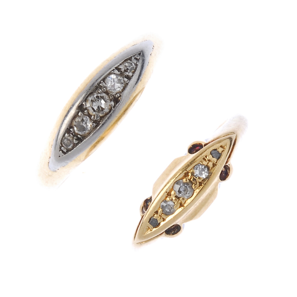 Two mid 20th century 18ct gold diamond five-stone rings. To include a 1940s single-cut diamond and