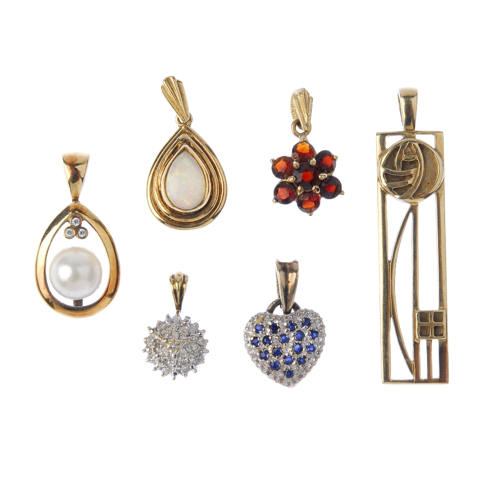 A selection of six gem-set and diamond pendants. To include a 9ct gold pear-shape opal pendant, a