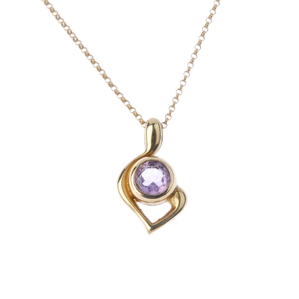 A selection of three 9ct gold gem-set and diamond pendants. To include a 9ct gold amethyst single-