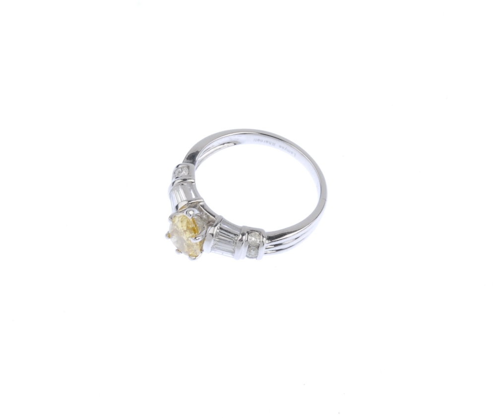 (540534-1-A) A coloured diamond and diamond dress ring. The pear-shape 'yellow' diamond, with - Image 4 of 4