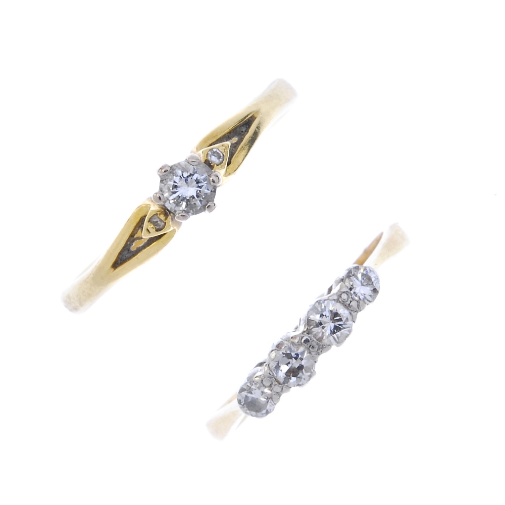 Two 18ct gold diamond dress rings. To include a mid 20th century old-cut diamond four-stone ring and