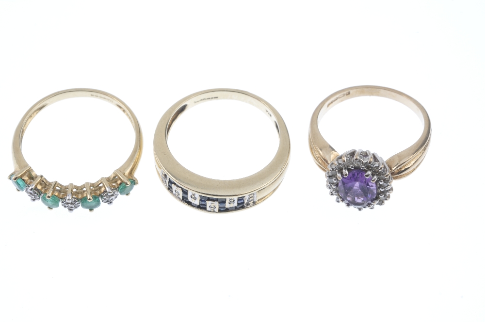 A selection of three 9ct gold gem-set rings. To include a sapphire and diamond geometric ring, an - Image 2 of 3