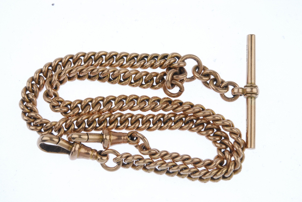 An early 20th century 9ct gold Albert chain. The curb-link Albert chain, suspending a T-bar, with - Image 3 of 3