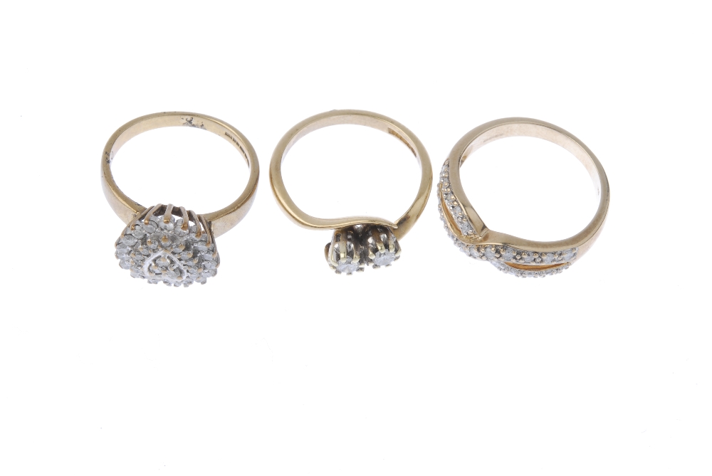 A selection of three 9ct gold diamond rings. To include a brilliant-cut diamond two-stone - Image 2 of 3