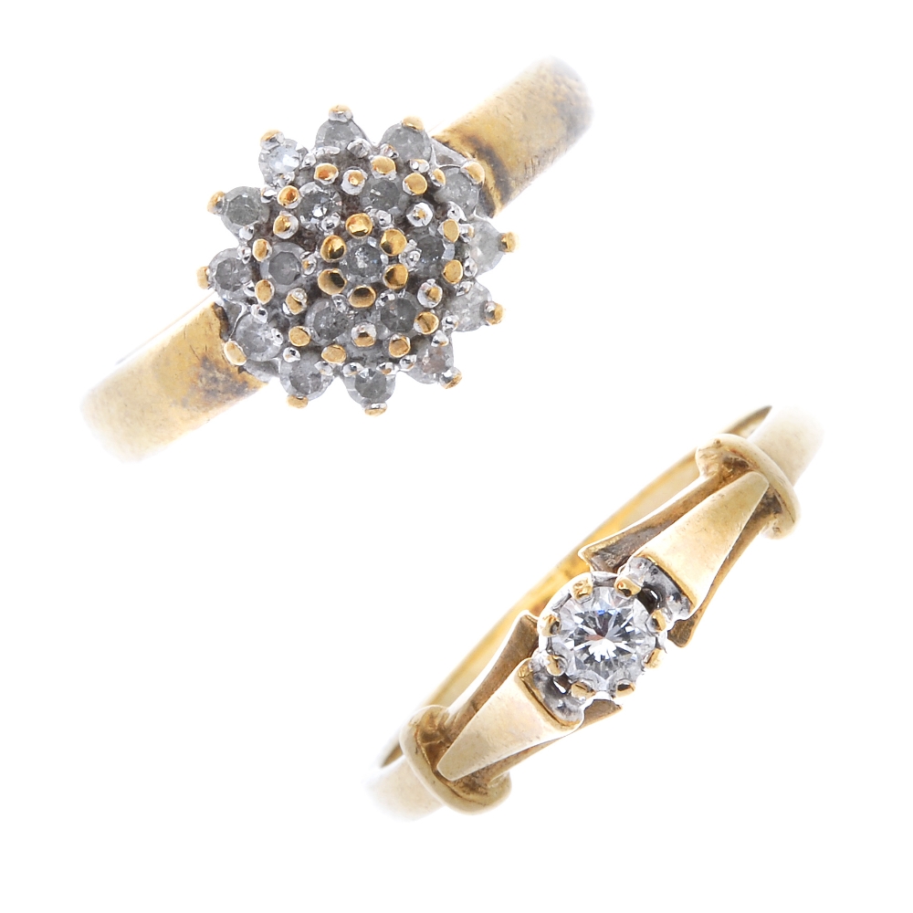 Two 9ct gold diamond rings. To include a diamond cluster ring, together with a diamond single-