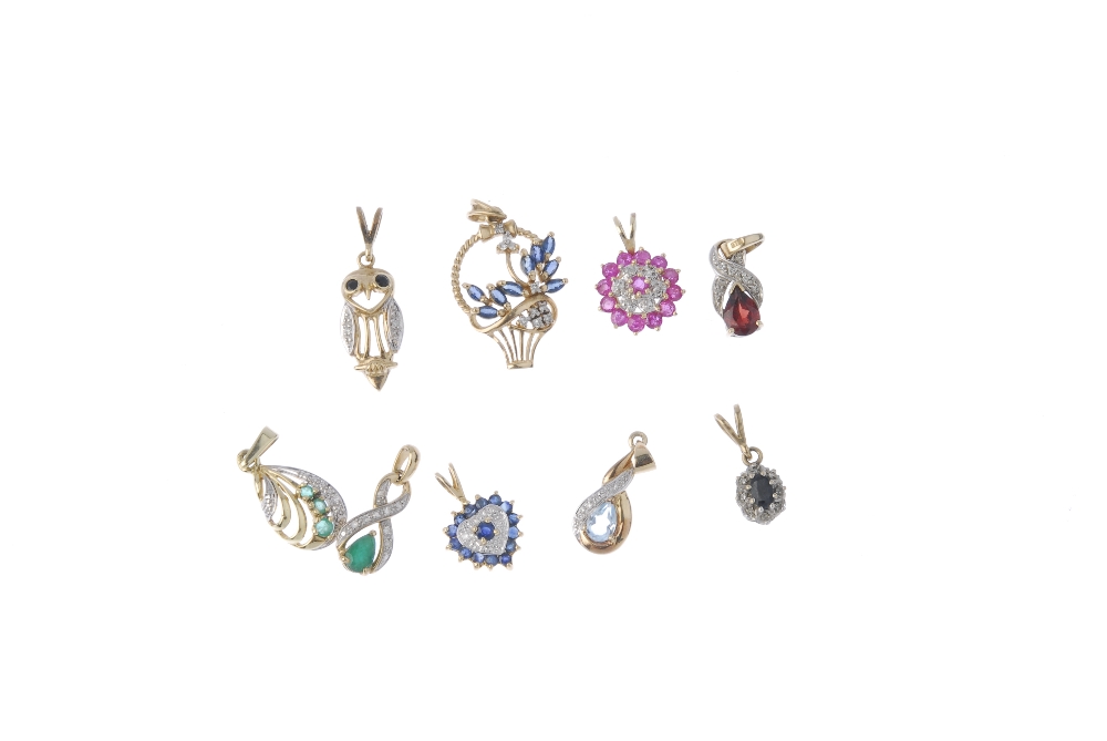 A selection of nine diamond and gem-set pendants. To include a ruby and diamond cluster pendant, 9ct - Image 2 of 2