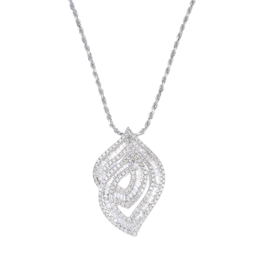 (542274-1-A) A diamond pendant. Designed as a baguette-cut diamond looped line, with brilliant-cut