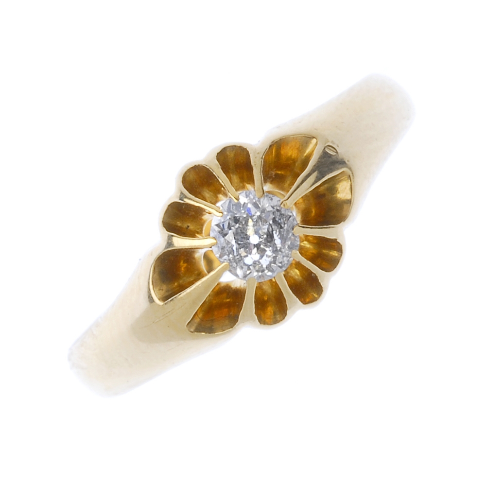 An early 20th century 18ct gold diamond ring. The old-cut diamond, to the plain band. Estimated