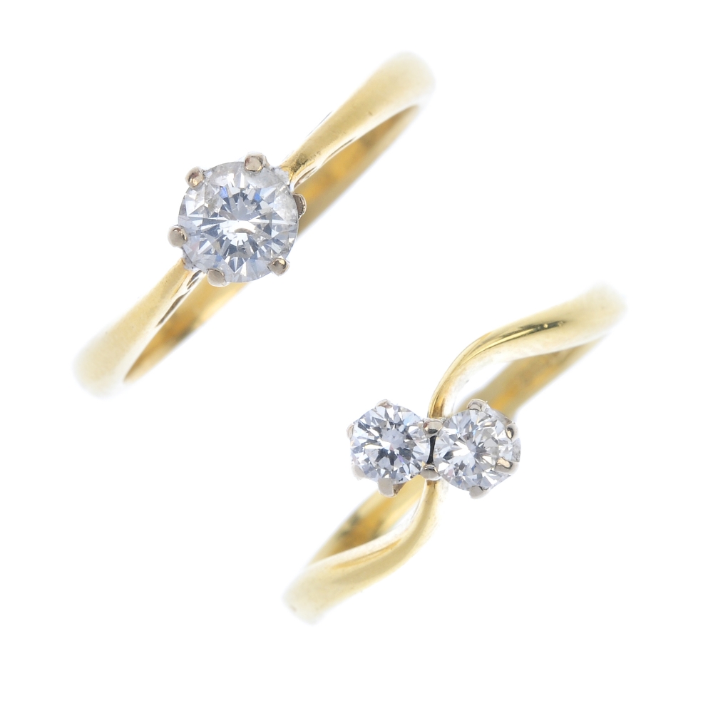 Two 18ct gold diamond rings. To include a brilliant-cut diamond two-stone crossover ring and a