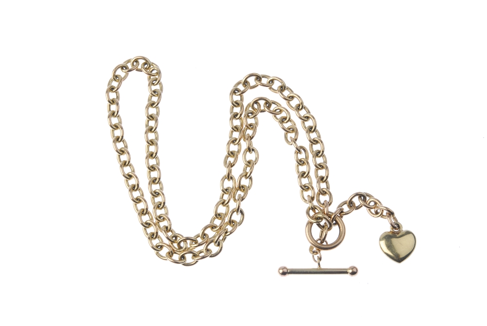A necklace, with charm. The belcher-link chain, with T-bar and heart-shape charm. Length 50cms. - Image 2 of 2