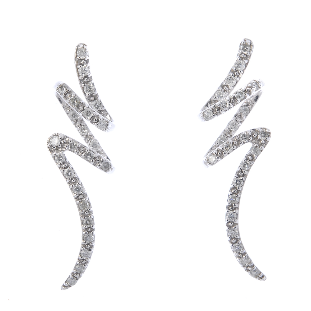 Three pairs of diamond ear studs, together with a single ear hoop. To include a pair of 9ct gold