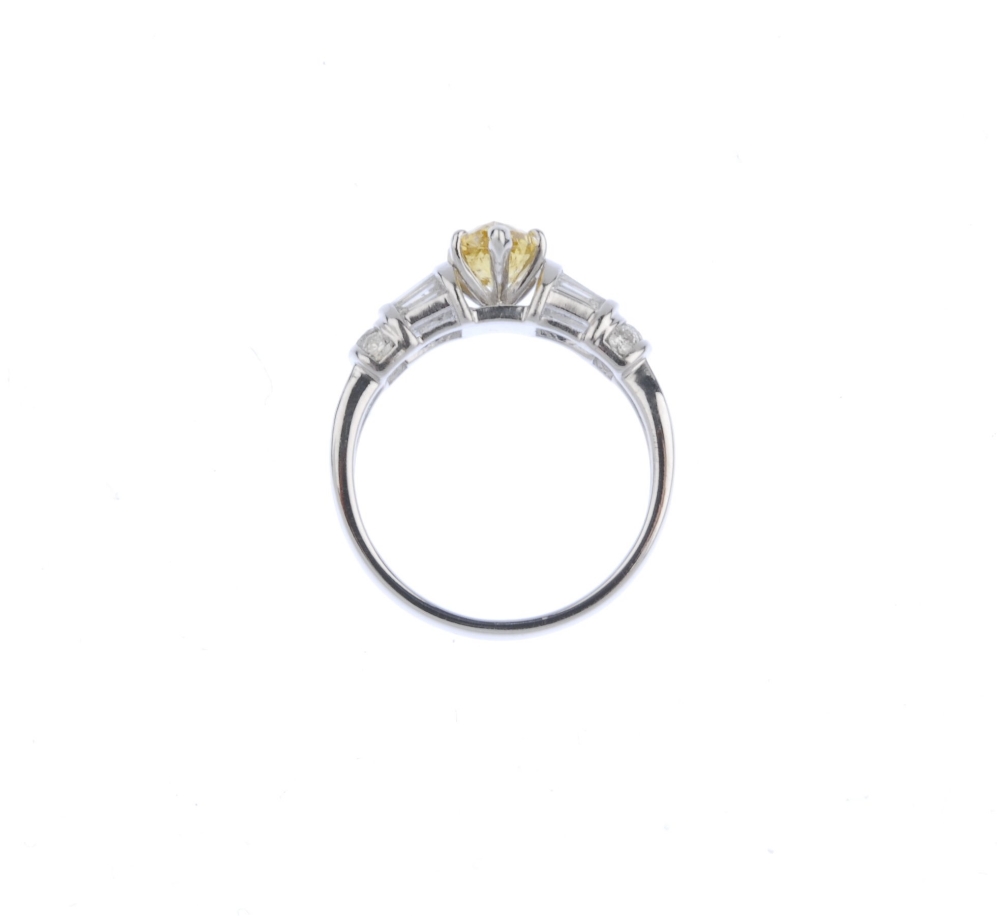 (540534-1-A) A coloured diamond and diamond dress ring. The pear-shape 'yellow' diamond, with - Image 2 of 4