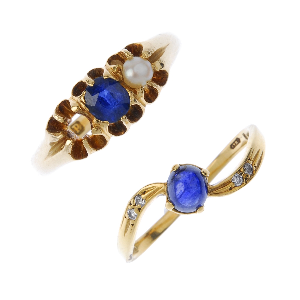 Two 18ct gold sapphire and gem-set dress rings. To include an oval-shape sapphire and split pearl