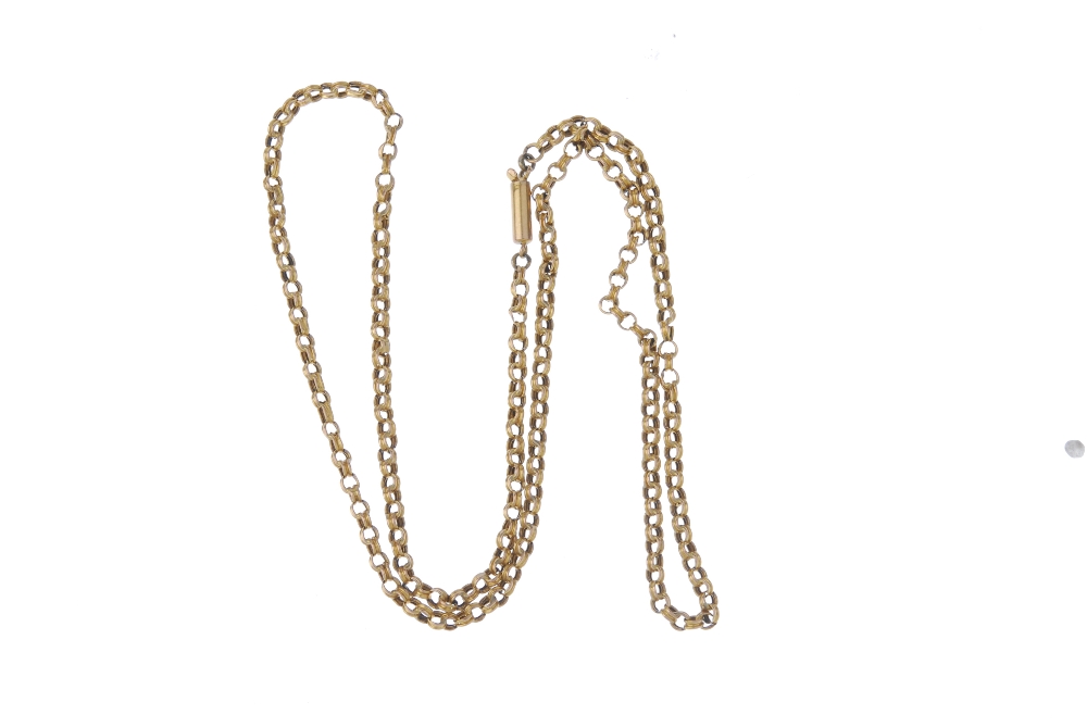 An early 20th century 9ct gold chain. The belcher-link chain, to the push-piece clasp. Length 48. - Image 2 of 2