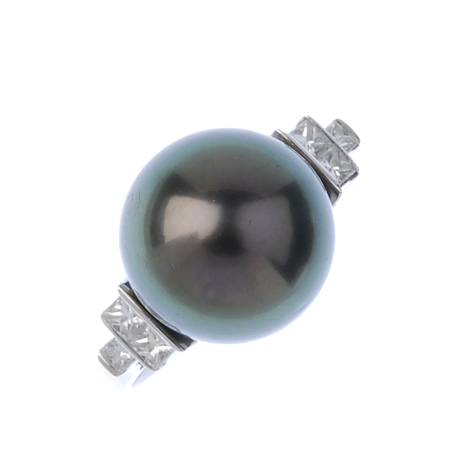 (541094-2-A) A diamond and cultured pearl ring. The grey cultured pearl, measuring 12.8mms, to the