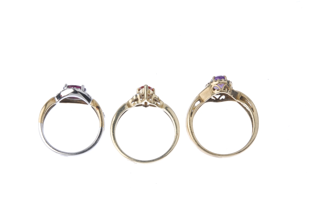 A selection of three diamond and gem-set rings. To include an amethyst and diamond cluster ring, - Image 4 of 4