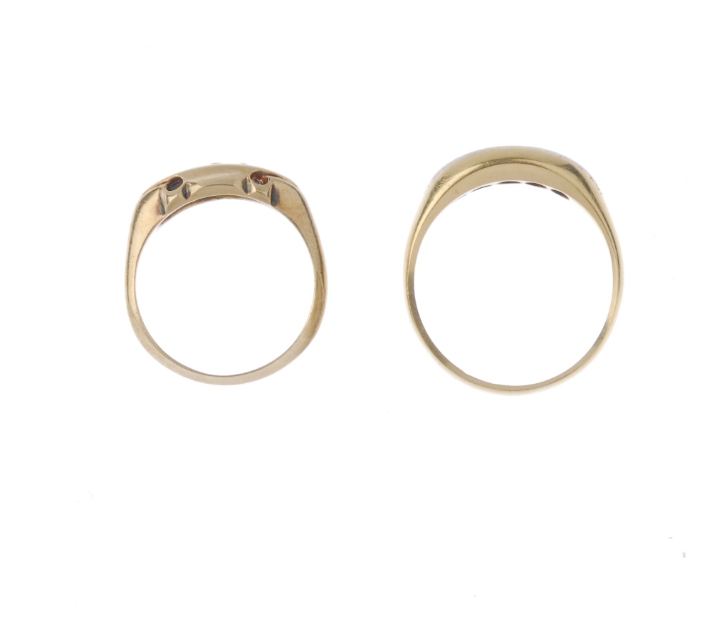 Two mid 20th century 18ct gold diamond five-stone rings. To include a 1940s single-cut diamond and - Image 2 of 4