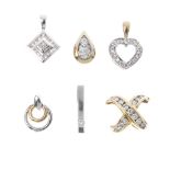 A selection of six diamond pendants. To include a single-cut diamond heart pendant, a brilliant-