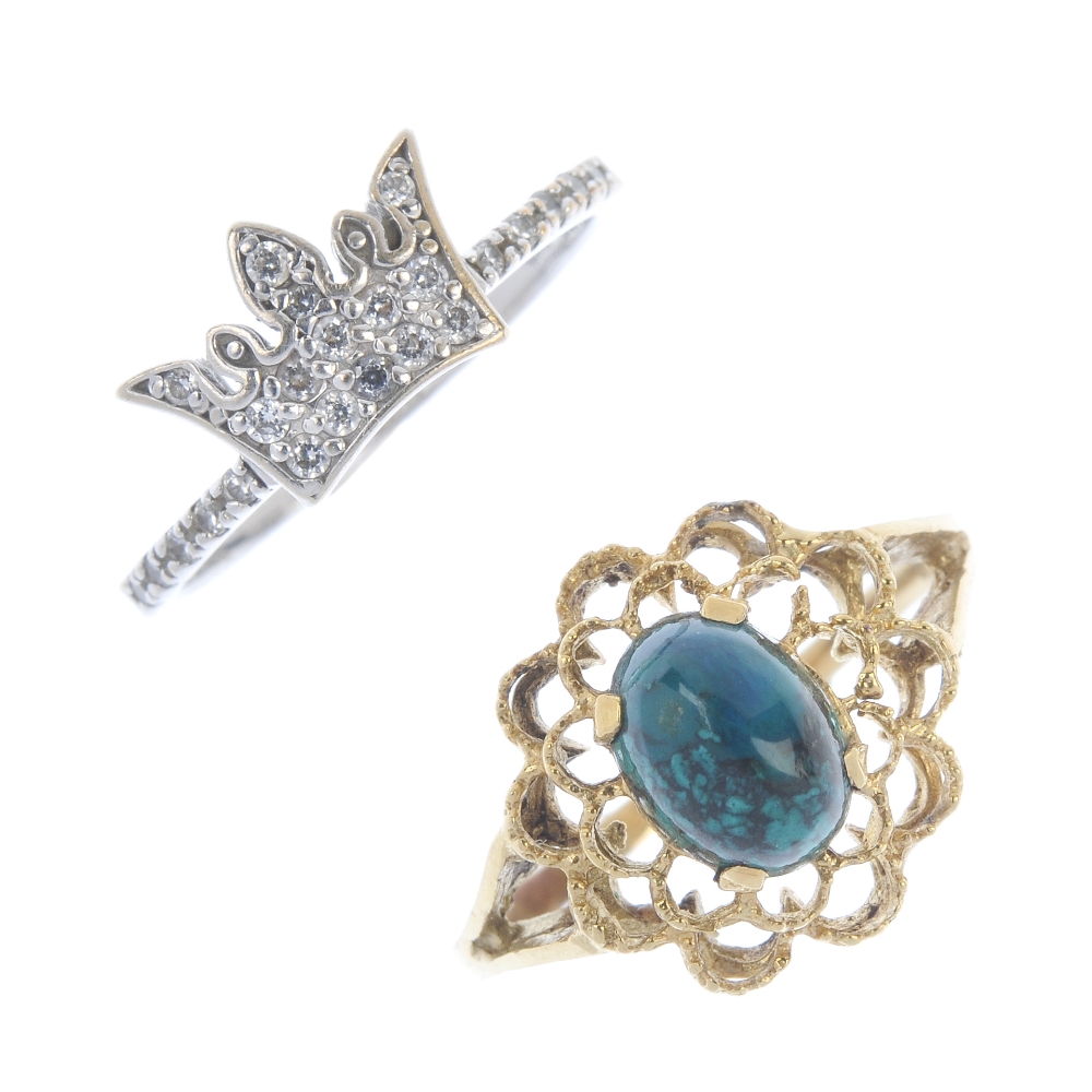 A paste crown ring and a hard-stone single-stone ring. The first designed as a crown set