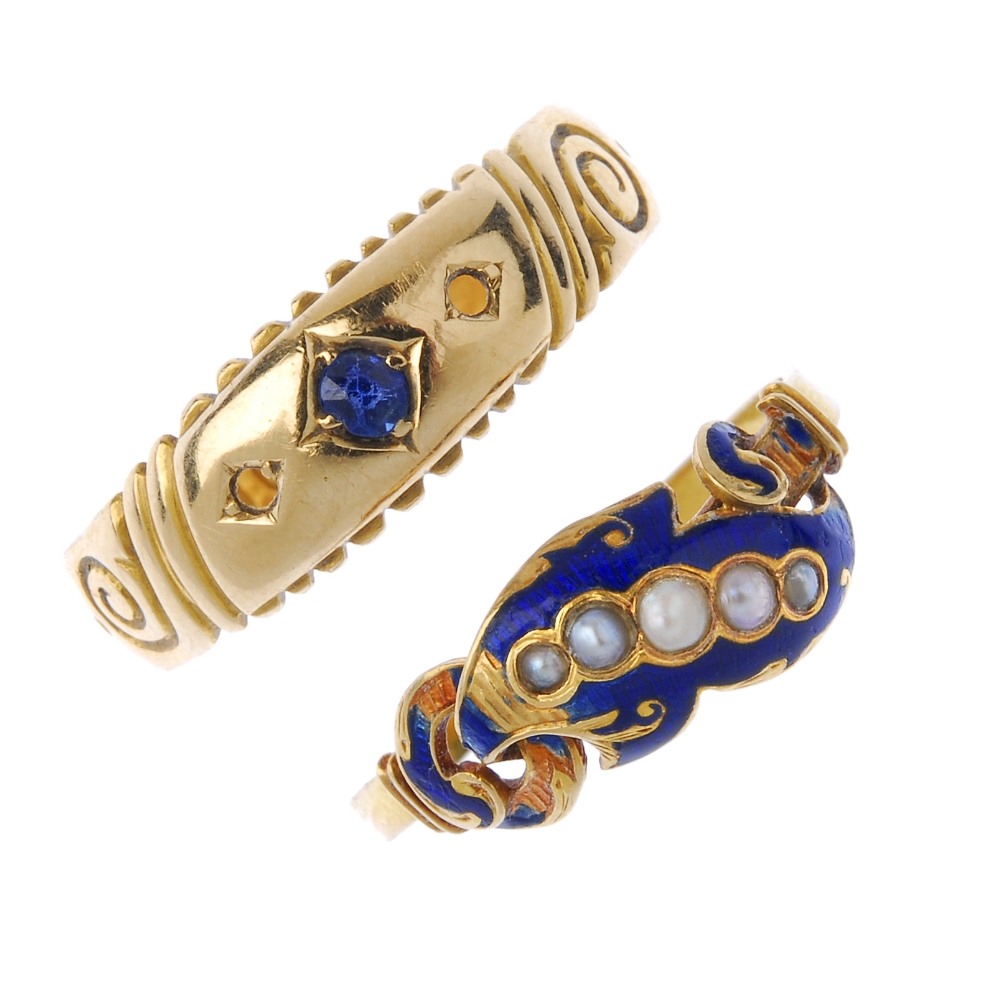 Two gem-set and enamel rings. To include a late 19th century 18ct gold sapphire dress ring, together