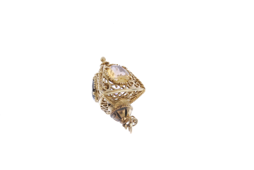 A 9ct gold gem-set fob. Designed as a lantern, set with oval-shape amethyst, smokey quartz and - Image 2 of 2